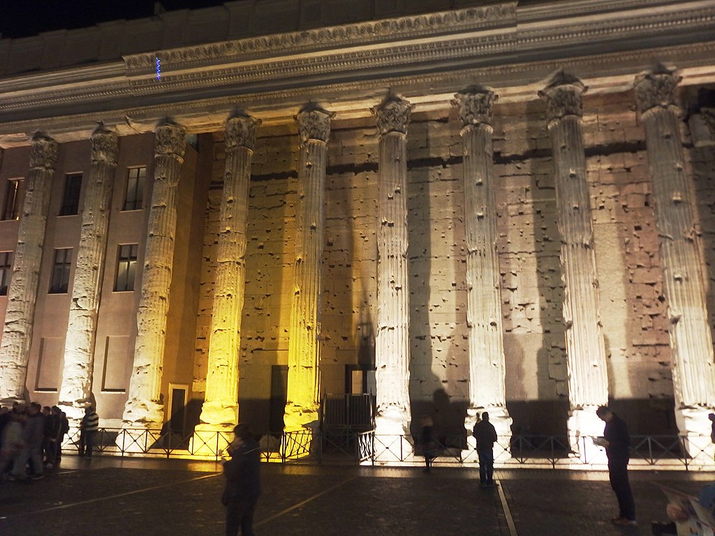 Facade of Hadrian's Temple surviving from 146AD, now the surface for the 'Luci sul Tempio di Adriano' lightshow