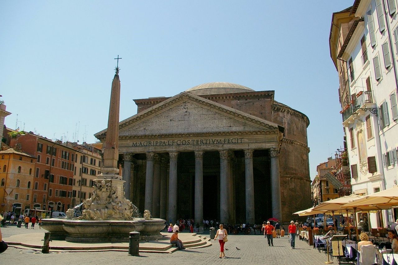 The ancient Egyptian obelisk positioned at the top of the fountain in the center of the piazza is over 3,000 years old, older than the Pantheon itself.